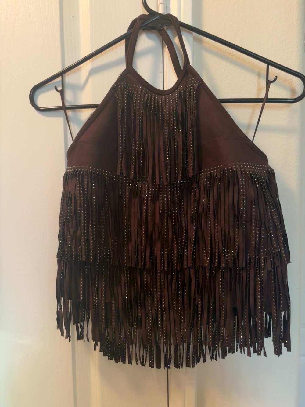 Zara Brown Fringed Halter with Stud Details